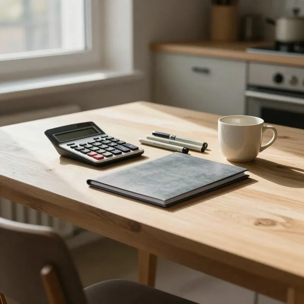 Kalkylator, stängd mapp, tre markörer och kopp på ljus köksbord i mjukt eftermiddagsljus.