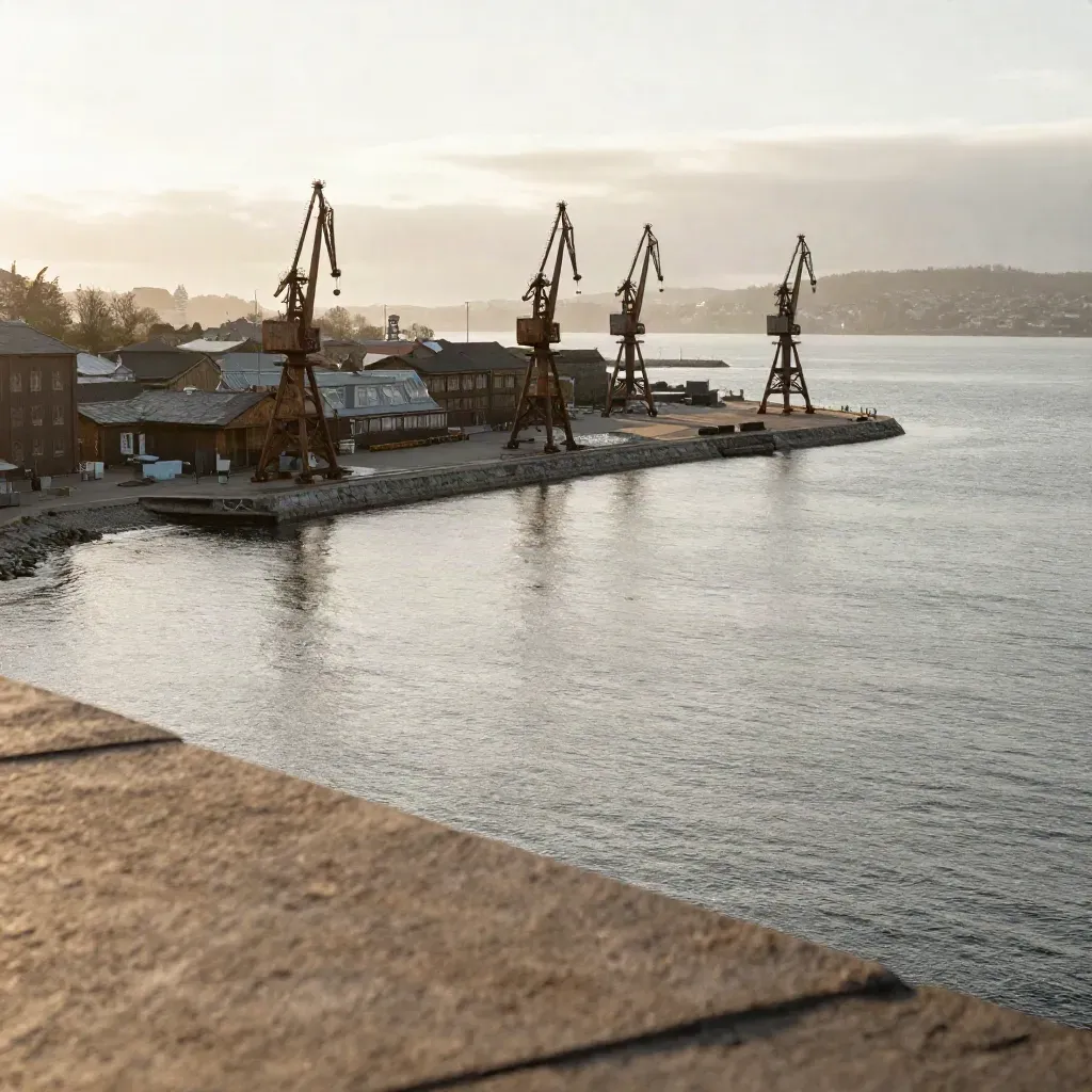 Gothenburgs hamn i varm dis, sett högt ovanifrån med vatten, kranar och tak långt bort.